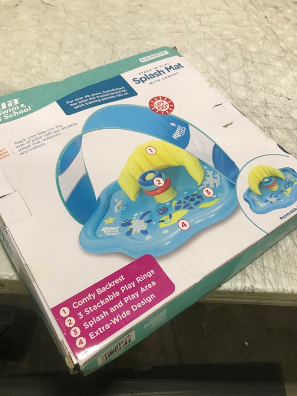 Photo 1 of SwimSchool Baby Splash Play Mat with Adjustable Canopy – Inflatable Play Pool for Babies & Infants with Backrest – Includes Baby Water Toy Rings – Seafoam Blue Lemon