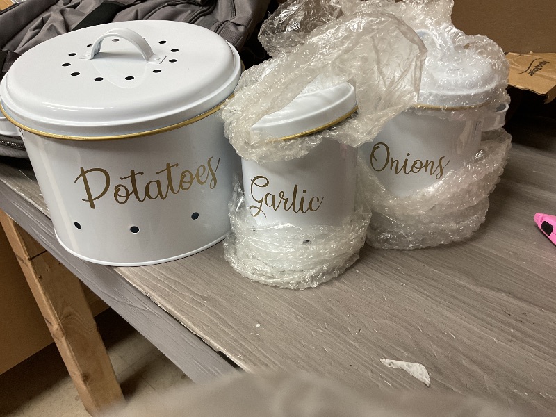 Photo 1 of OwnMy Set of 3 Potato Onion Garlic Storage Bins Vegetable Containers Food Containers for Kitchen Counter, Potato Onion Storage Containers for Pantry Garlic Store Jars Vegetable Canisters Set, White