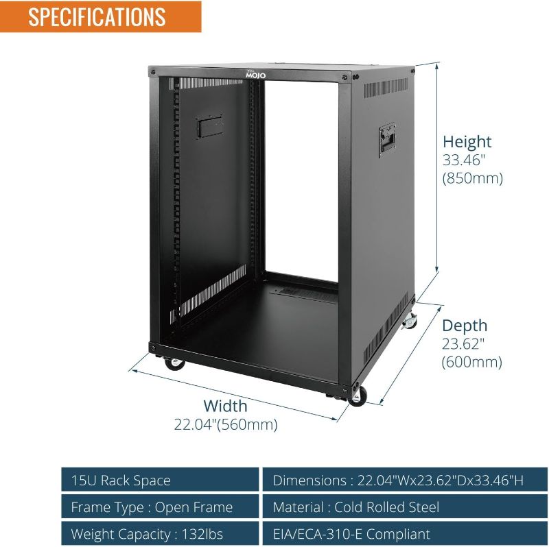 Photo 1 of STOCK PHOTO FOR REFERENCE - Tecmojo 15U Portable Rolling Network Rack, 4-Post Mobile Open Frame Server Rack with Wheels, Free Standing Server Cabinet for Computer/Data/AV/IT Equipment/Network Equipment
