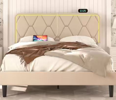 Photo 1 of Upholstered Bed Queen Smart LED Bed Frame with Adjustable Beige Headboard, Platform Bed with Solid Wood Slats Support


