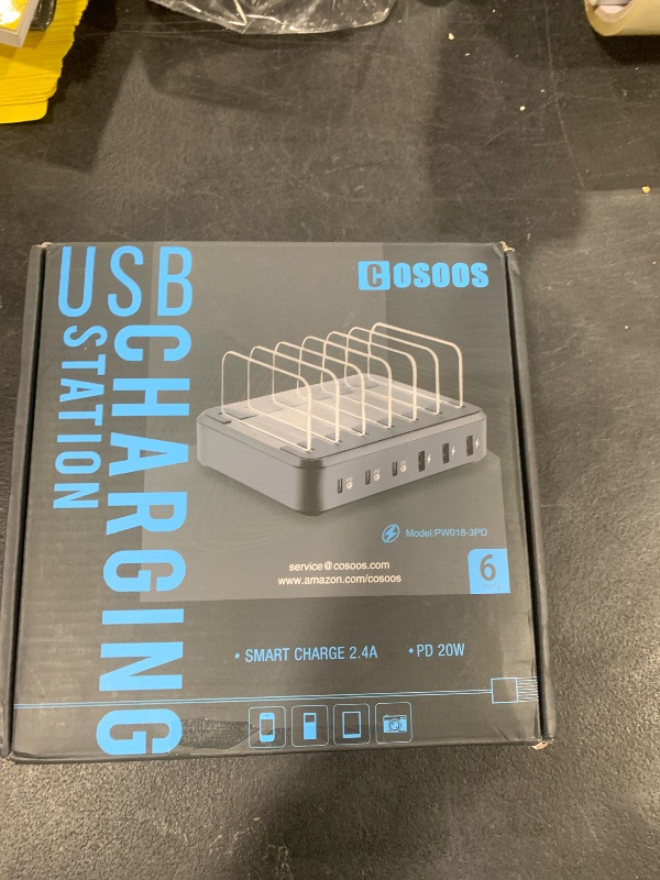 Photo 1 of COSOOS PD USB-C Charging Station for iPhone 16 Pro, 81 W 6-Port USB Charging Station for Multiple Devices with 3 * 20W USB-C Charger & 6 Mixed Short Cables, Fast USB Charger Station,Silver White