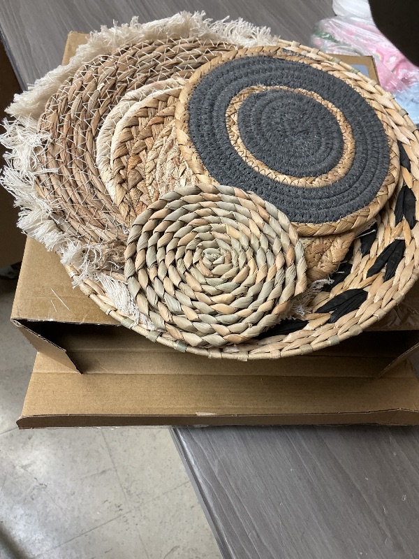 Photo 1 of 7 Pcs Boho Wall Basket Decor Hanging Handcrafted Seagrass Woven Round Bohemian Basket Wall Decoration Art for Farmhouse Home Room Rustic Decorations Table, Multi Sizes(Classic)