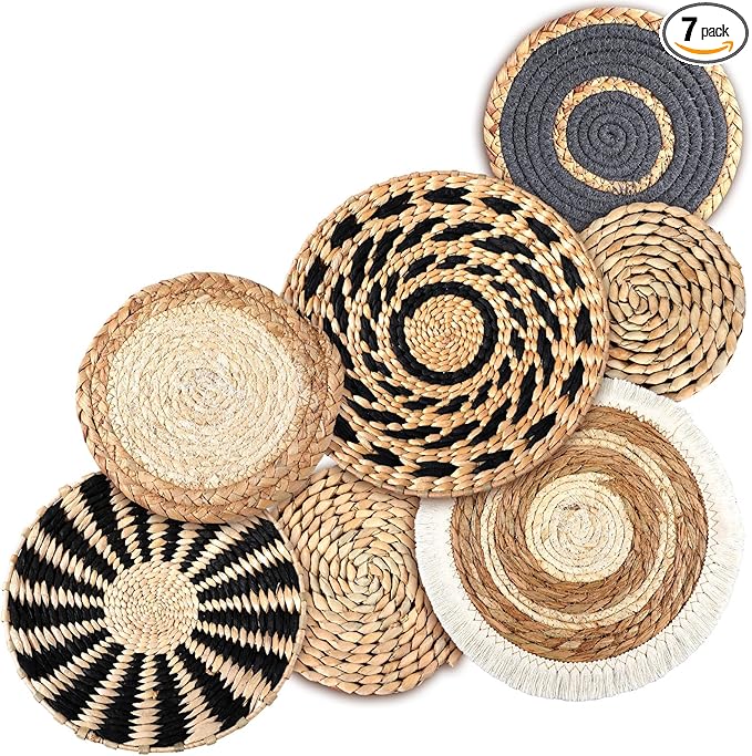 Photo 1 of 7 Pcs Boho Wall Basket Decor Hanging Handcrafted Seagrass Woven Round Bohemian Basket Wall Decoration Art for Farmhouse Home Room Rustic Decorations Table, Multi Sizes(Classic)