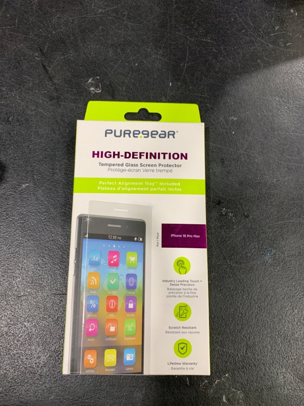 Photo 1 of PureGear Maximum Clarity HD Tempered Glass Screen Protector for Apple iPhone 16 Pro Max (2024) 6.9", Full Coverage, Case Friendly Fit, Lifetime Replacement (Self Alignment Installation Tray included)