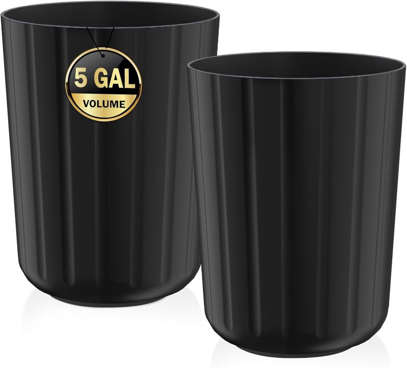 Photo 1 of 2Pack 5 Gallon Black Plastic Trash Can – Round Wastebasket Garbage Bin for Bathroom, Kitchen, Office, Bedroom, Dorm –Durable & Easy to Clean