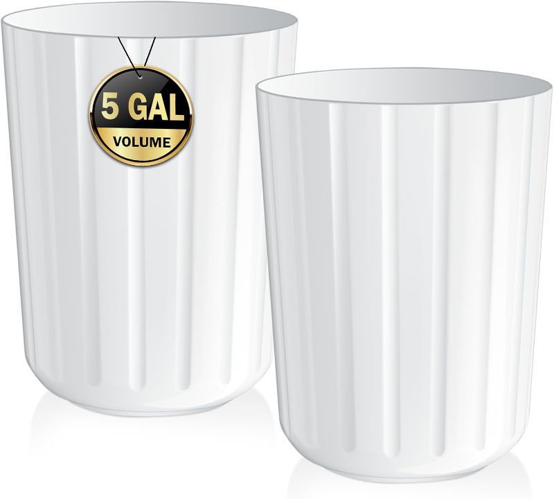 Photo 1 of 2 Pack 5 Gallon WHITE Plastic Trash Can – Round Wastebasket Garbage Bin for Bathroom, Kitchen, Office, Bedroom, Dorm –Durable & Easy to Clean