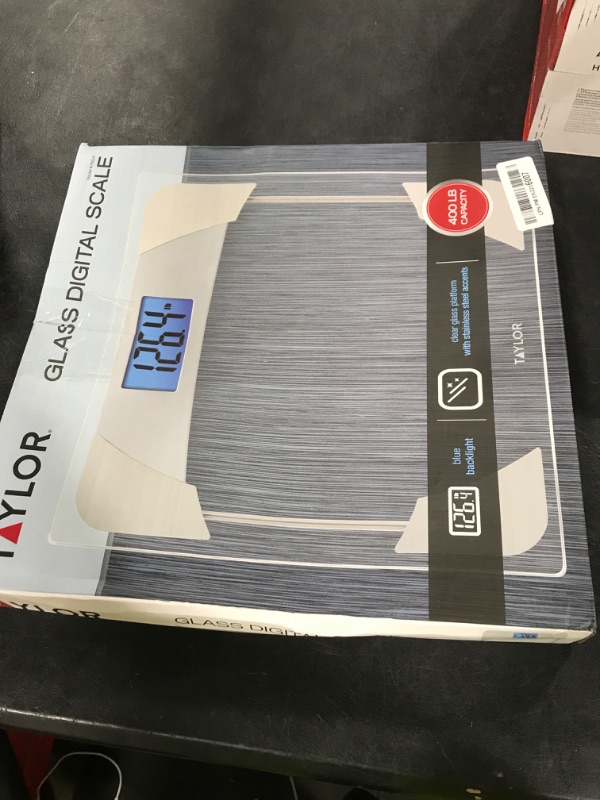 Photo 1 of Taylor Digital Scales for Body Weight, Highly Accurate 400 LB Capacity, Unique Blue LCD, Stainless Steel Accents Glass Platform, 12.2 x 12.2 Inches, Clear