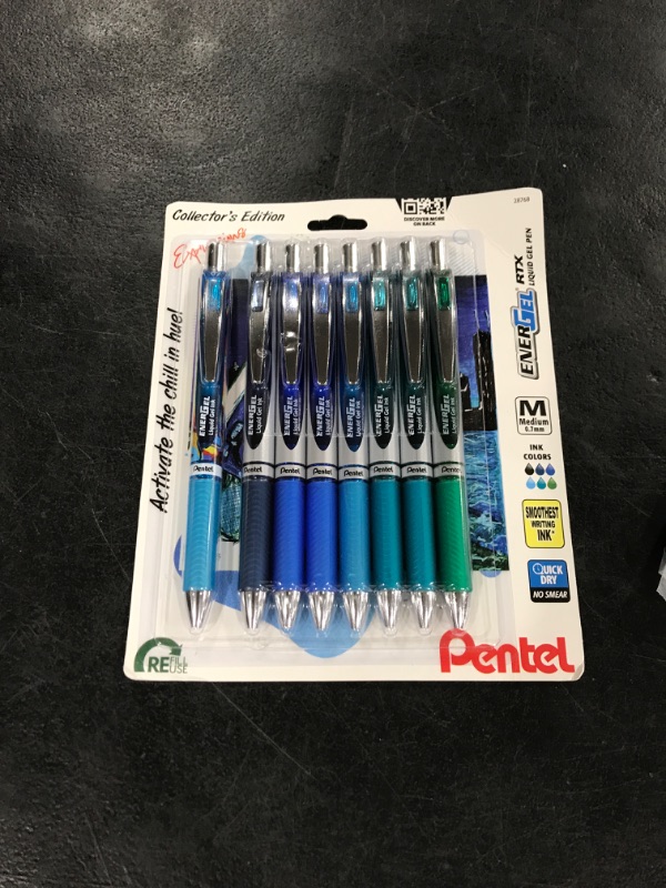 Photo 1 of Pentel EnerGel RTX Retractable Liquid Gel Pen, Chill Expressions Pack, 0.7mm, Metal Tip, Medium Line,Assorted Ink, Pack of 8 Pens (BL77XCHIBP8M)