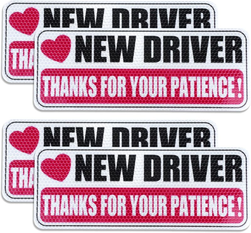 Photo 1 of 4 Piece Reflective New Driver Bumper Sticker New Driver Stickers Thanks for Your Patience Novice Driver Sign Non-Magnetic Removable Car Decal for Car Bumper Window Exterior Accessories
