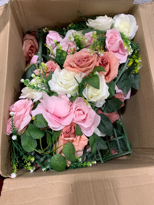 Photo 1 of Thiccywoov 4 Pcs Wedding Arch Artificial Flower Panels Centerpieces for Tables Faux Floral Rose Silk Roses Arrangements Flower for Wedding Wall Party Dinintable Centerpiece Decoration (Pink and White)