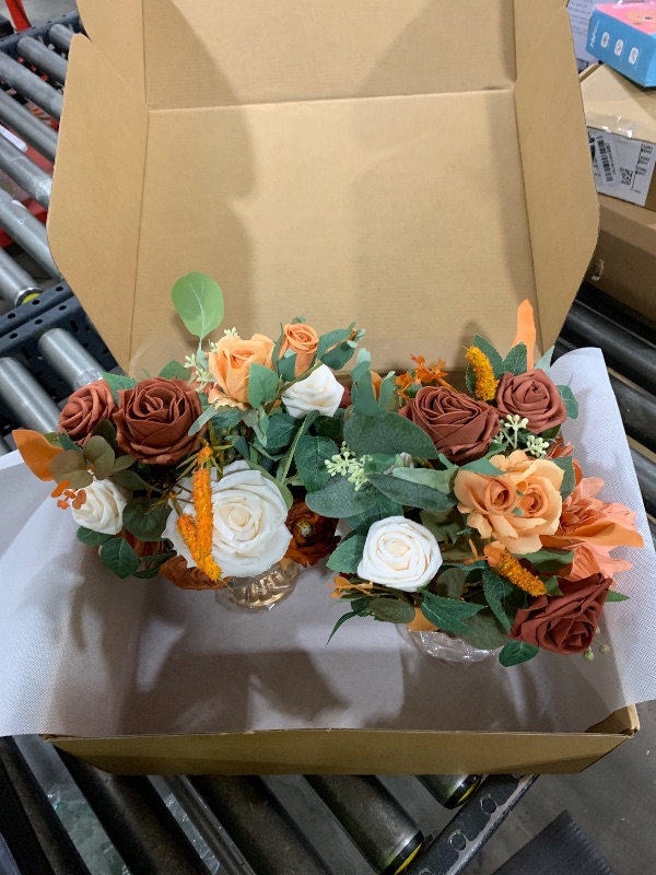 Photo 1 of Ling's Moment Terracotta Artificial Flowers with Vase Wedding Table Decor Bouquet Centerpiece Flower Potted for Ceremony Reception Desk Flowers Mantel Archway Aisle, Orange Fake Flowers Set of 2