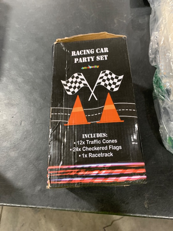 Photo 1 of 4E's Novelty 38 Pieces Set - 12 Traffic Cones With Hole on Top, 24 Checkered Flags, Racetrack Floor Runner - for For Race Car Birthday Party Supplies, Table Centerpiece Decorations Kids Gift