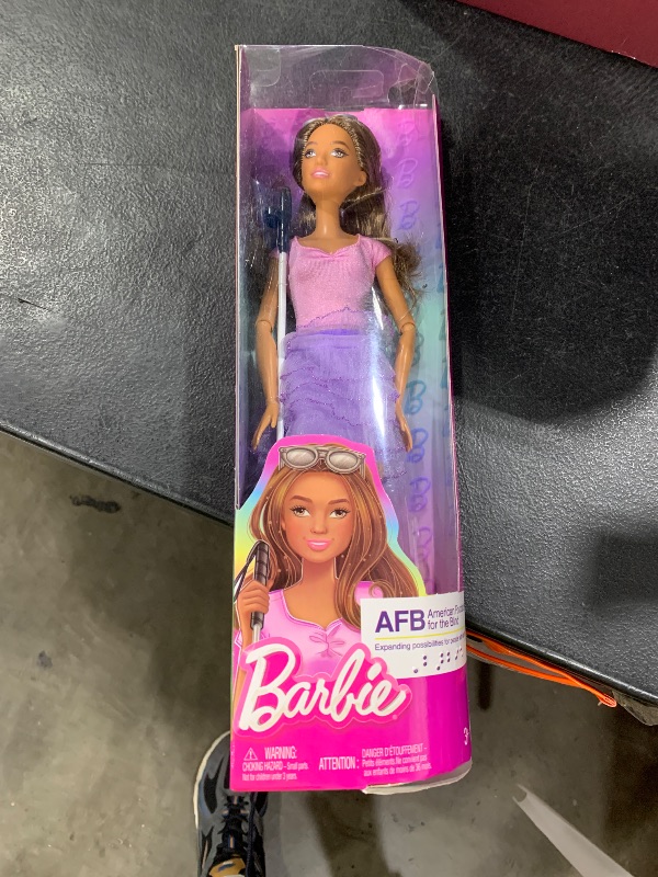Photo 1 of Barbie Fashionistas Doll #228, Blind Doll Wearing Pink Top and Ruffled Skirt with Cane and Sunglasses in Partnership with The American Foundation for The Blind
