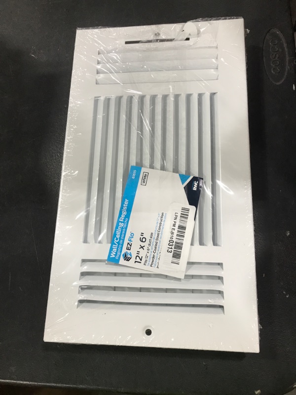 Photo 1 of EZ-FLO 12 x 6 Inch (Duct Opening) Air Vent Cover for Wall or Ceiling, Three-Way Ventilation Register, Solid Steel HVAC Register Cover, White, 61615