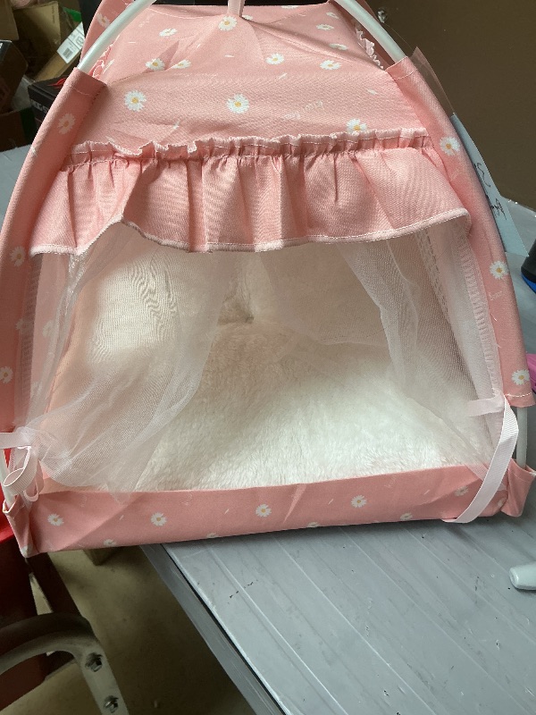 Photo 1 of Cat Bed Tents Dog House Indoor Outdoor Lace Mesh Breathable Windows Door Curtains Removable Portable Nest Teepe House (Small,Pink(Ruffled Teim))