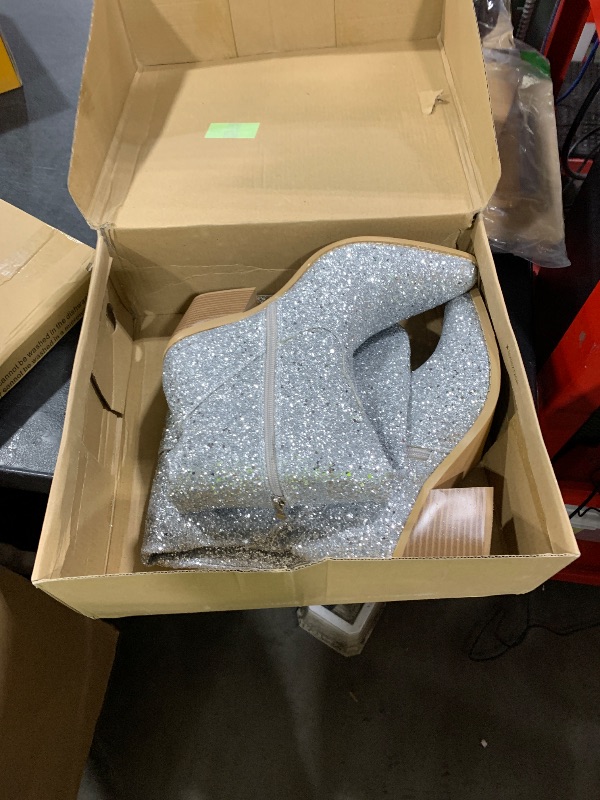 Photo 1 of IDIFU Silver Sparkly Cowboy Cowgirl Boots for Women Knee High Tall Long Glitter Dress Low Chunky Block Heel Sequin Sparkle Wedding Party Date Bride Ladies Bling Shiny Boots (Silver, 9)
