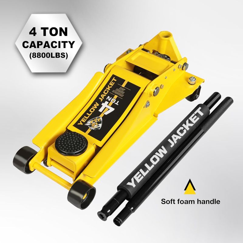 Photo 1 of YELLOW JACKET Low Profile Floor Jack with Dual Pumps Quickly Lift Hydraulic Car Jack with Pad, 4 Ton (8,800 lb) Capacity
