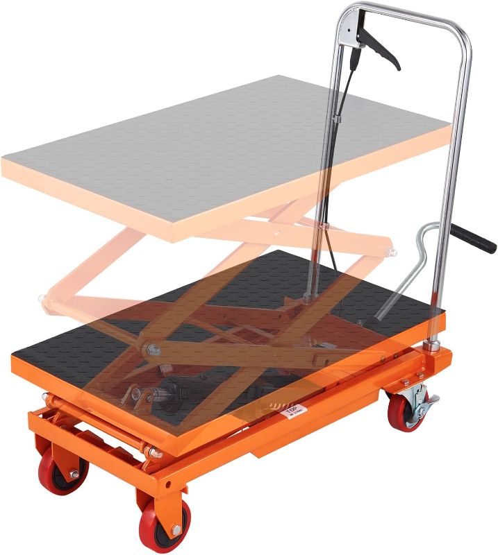 Photo 1 of VEVOR Hydraulic Lift Table Cart, 330lbs Load Capacity 50 Inch Lifting Height, Manual Single Scissor Lift Table with Non-Slip Pad and 4 Wheels, Hydraulic Scissor Cart for Material Handling, Orange
