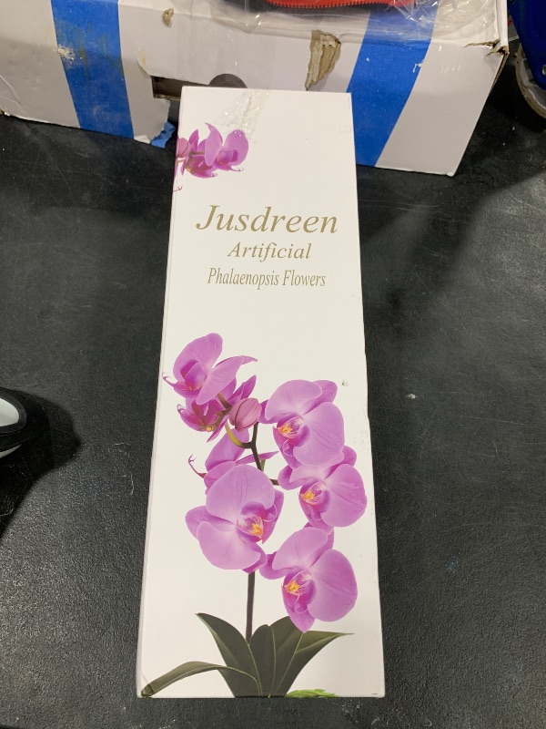 Photo 1 of Jusdreen 1 Pcs Glass Vase Artificial Orchid Flower Bonsai Vivid Phalaenopsis Flowers Potting for Home Office Décor, Table Centerpiece Room Decorations 14.5"(Glass Vase/Purple Orchid)
