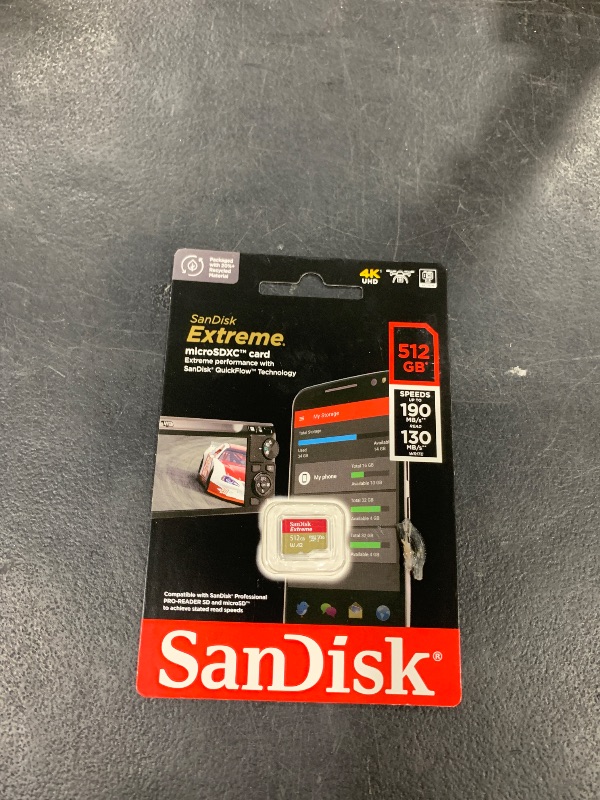 Photo 1 of SanDisk 512GB Extreme microSDXC UHS-I Memory Card with Adapter - Up to 190MB/s, C10, U3, V30, 4K, 5K, A2, Micro SD Card - SDSQXAV-512G-GN6MA