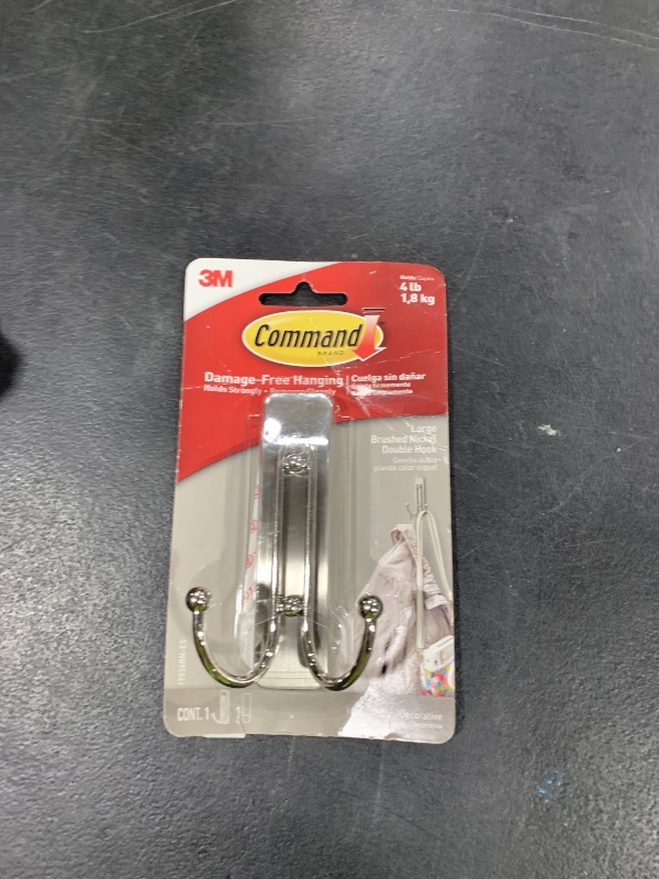 Photo 1 of Command Large Brushed Nickel Double Hook, 1 Hook and 1 Command Strip, Damage-Free Hanging Wall Hooks with Adhesive Strips, No Tools Coat Hooks for Hanging Home Decor, Holds up to 4 lb