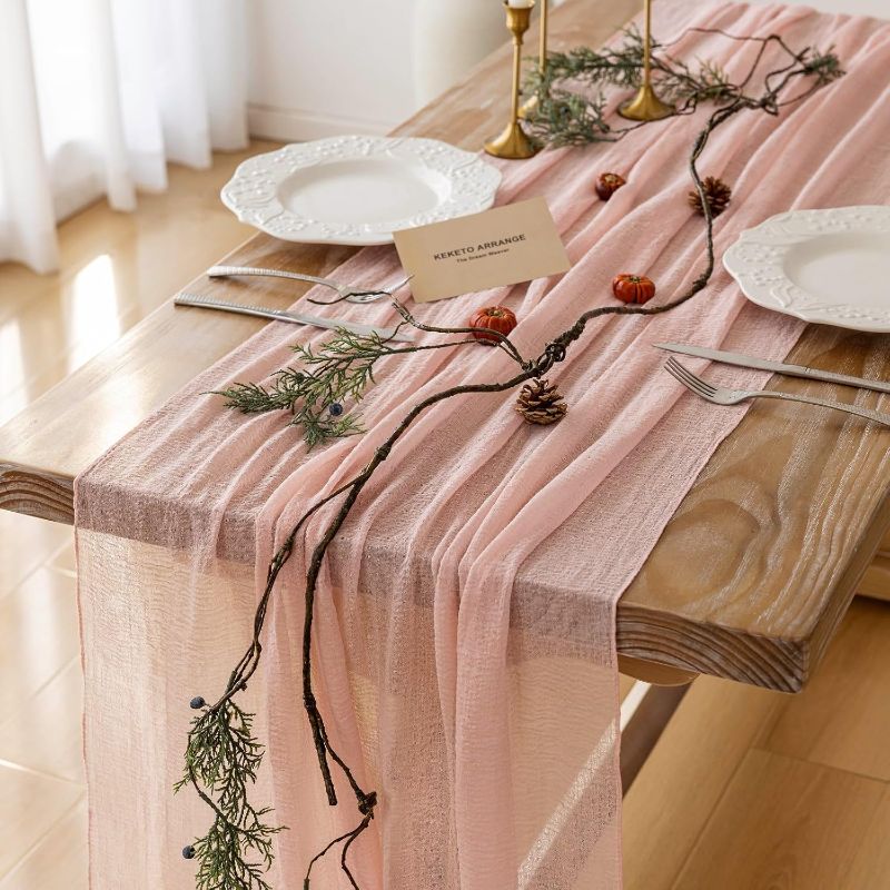 Photo 1 of Keketo Pink Table Runner Cheese Cloth Rustic Gauze Cheesecloth Table Runner 120 Inch 10 FT for Wedding Baby Shower Bridal Shower Party Sheer Boho Spring Summer Home Decorations
