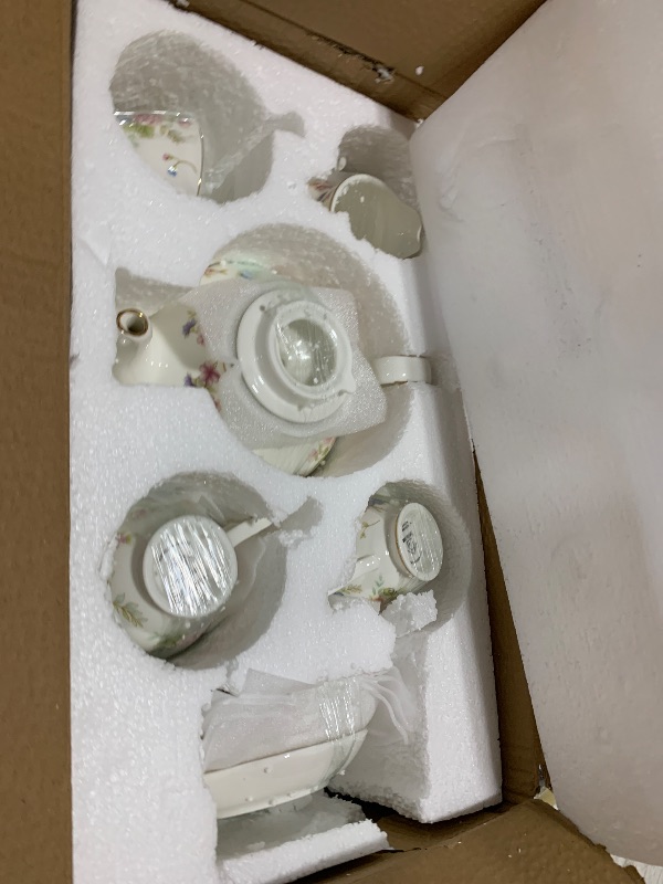 Photo 1 of Sweejar Porcelain Tea Sets, Vintage British Floral Relief Gold Rimmed Teapot Cup and Saucer Set, Tea Set Service for 6, with Teapot, Sugar Bowl, Milk Jug, Spoons, Tea Cup and Saucer (Small Flower)