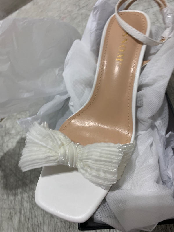 Photo 1 of ISNOM White Heels for Women Bow Heels Ankle Buckle Strap Open Toe Block Chunky Heel Bride Wedding Party Fashion Bow Knot Heeled Sandals (White Size8)