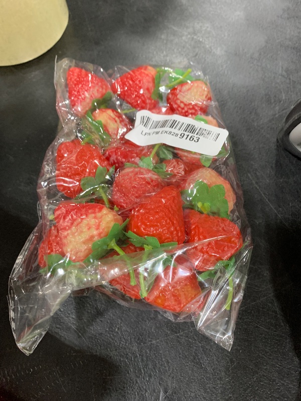 Photo 1 of Joeabor 100 Pieces Fake Strawberries Fake Fruit Artificial Strawberry Kitchen Décor Plastic Strawberry Party Decorations Realistic Fake Food Lifelike for Display Photography Props