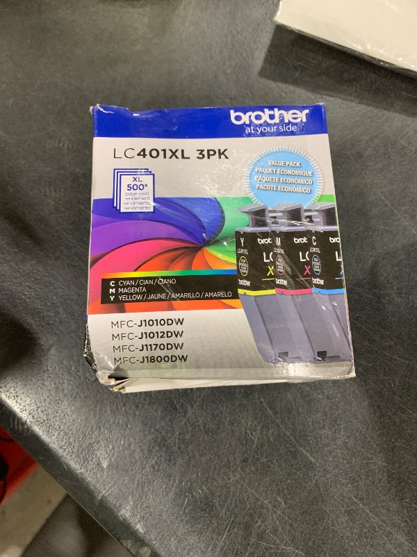 Photo 1 of Brother Genuine LC401XL 3PK High Yield 3-Pack Color -Ink -Cartridges Includes 1- -Cartridge Each of Cyan, Magenta and Yellow -Ink.