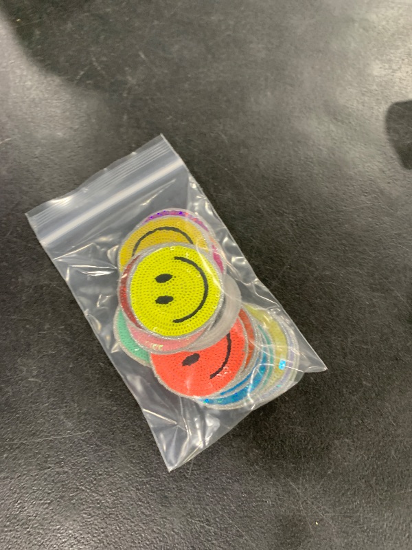 Photo 1 of Juinte 24 Pcs Smile Face Iron on Patches Neon Chenille Face Patches 2 Inch Glitter Cute Preppy Heat Sequins Applique for Hats Backpacks Clothes Jackets Decorative DIY Craft