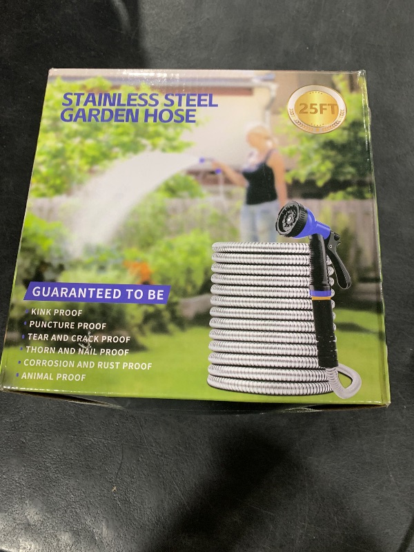 Photo 1 of Garden Hose, Stainless Steel Metal Water Hose with 10 Function Nozzle, Lightweight Hose, No Kink, Leak-proof, Puncture Resistant for Yard, Outdoor, RV(25 ft)