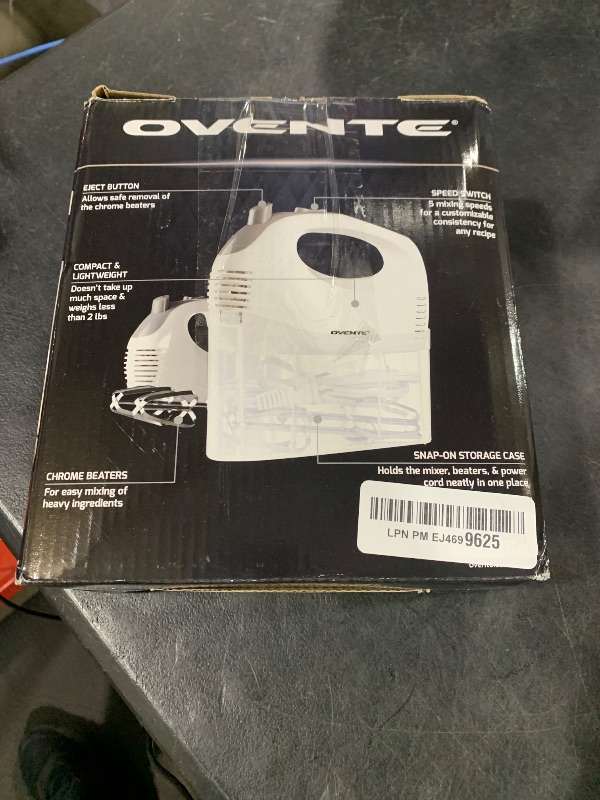 Photo 1 of OVENTE 5-Speed Electric Hand Mixer with Stainless Steel Mixing Whisk, Snap-On Storage Case, Portable & Lightweight 150W Motor, Compact Handheld Mixer for Baking, Blending or Cooking, White HM151W