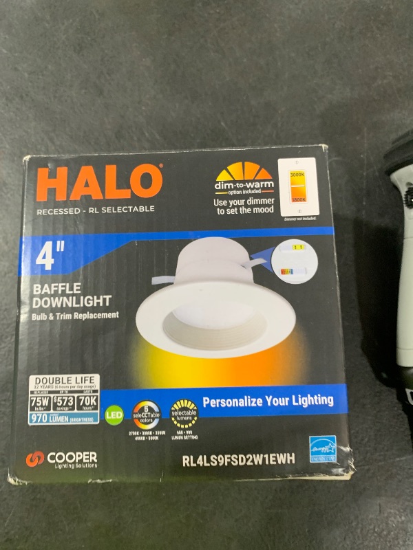 Photo 1 of HALO RL Series 4 inch Recessed LED Retrofit Light Selectable CCT (2700K-5000K) and Selectable Lumens, Dim to Warm, Integrated LED Matte White, 600/900 Lumens