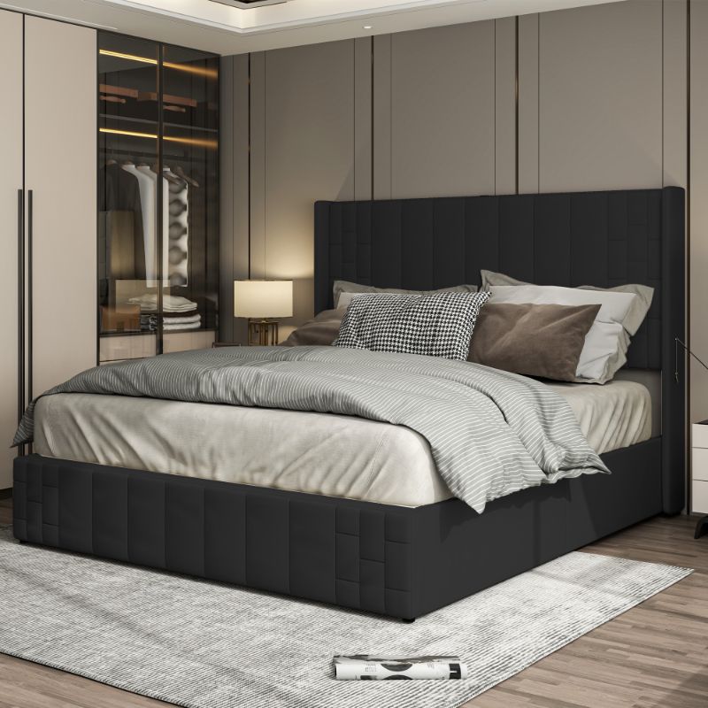 Photo 1 of Modern Queen Size Wingback Upholstered Platform Bed with Lift Up Storage and Charging Station

