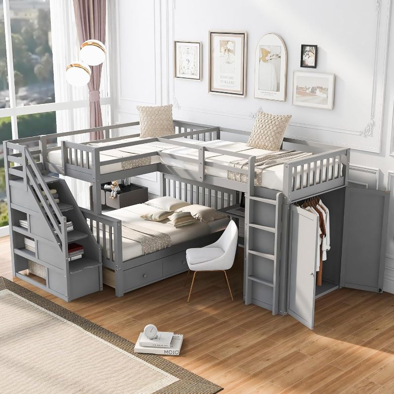 Photo 1 of AEDNX Triple Bunk Beds with Portable Desk& Wardrobe,L Shaped Loft Bed