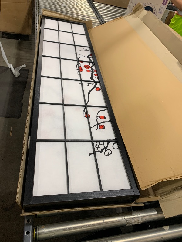 Photo 1 of Roundhill Furniture Black Japanese 4-Panel Screen Room Divider, Plum Blossom