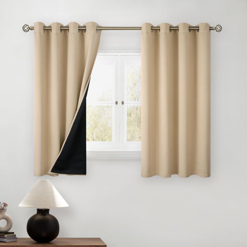 Photo 1 of BGment Short 100% Blackout Curtains for Bedroom, Thermal Insulated Energy Efficiency Noise Reducing Grommet Curtains, 2 Panels Each 42 Inch Wide, Biege