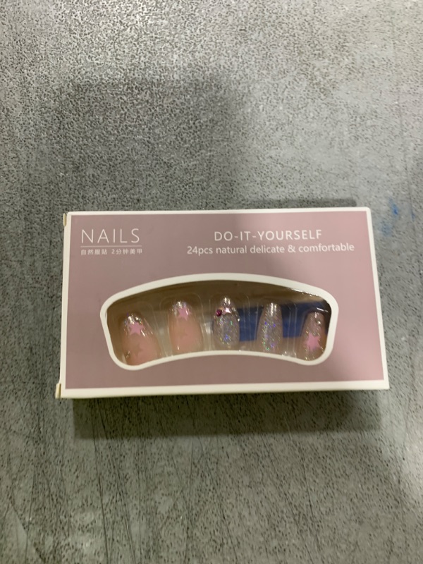 Photo 1 of Press on Nails Medium Length Aritifical Square Fake Nails Rhinestones Stars Design Nude Glitter Arcylic False Nails Full Cover Reusable Coffin Nails Nature Fit Stick on Nails Glue on Nails for Women