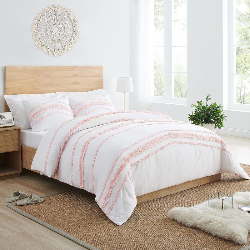 Photo 1 of Bohemian Boho Chic White and Pink Macrame Tufted Tassel 2 pc. Twin / Twin XL Size Bed Bedding Set Duvet Comforter Cover / Sham Blush Pink Textured Minimalist Cotton Fringe Farmhouse Indie Dorm Teen
