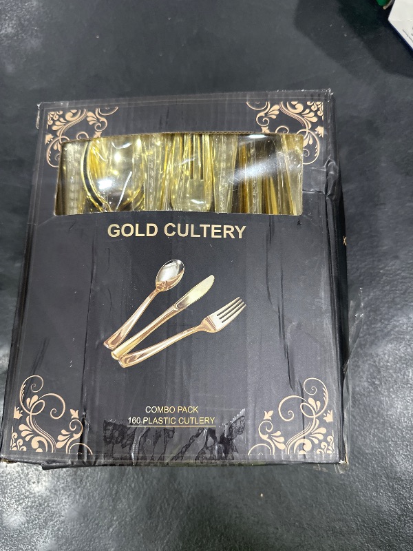 Photo 1 of N9R 160pcs Gold Plastic Silverware - Gold Plastic Utensils Set - Tableware Flatware Kit 80 Forks, 40 Spoons, 40 Knives Disposable Cutlery Set for Party, Wedding, Birthday