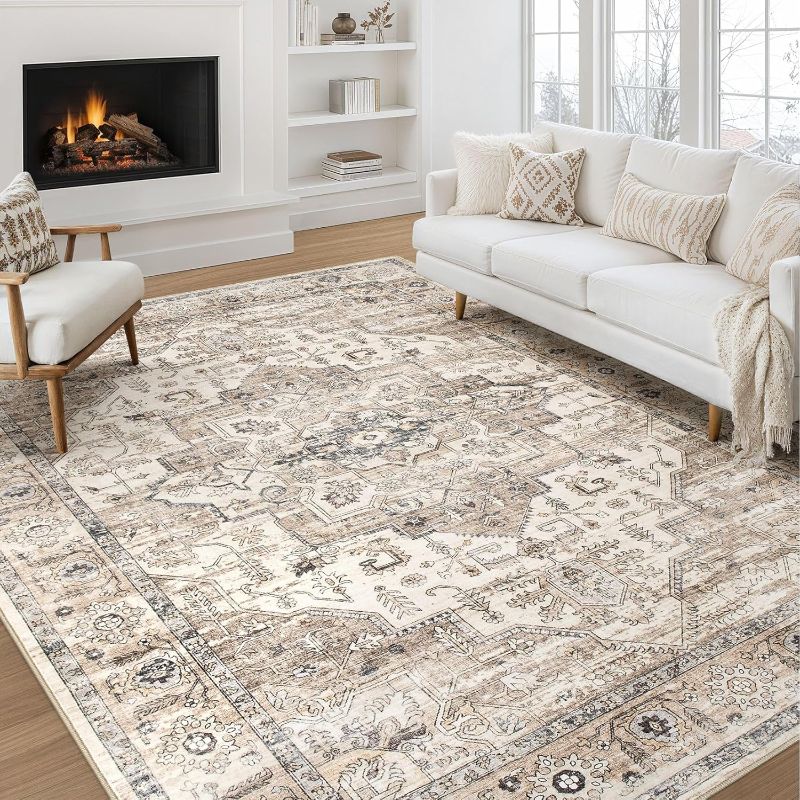 Photo 1 of Area Rug 8x10 Washable Vintage - Soft Traditional Rugs for Living Room Large Non Slip Backing with Low Pile Farmhouse Oriental Retro Carpet for Bedroom Dining Room or Home Office - Tea Brown
