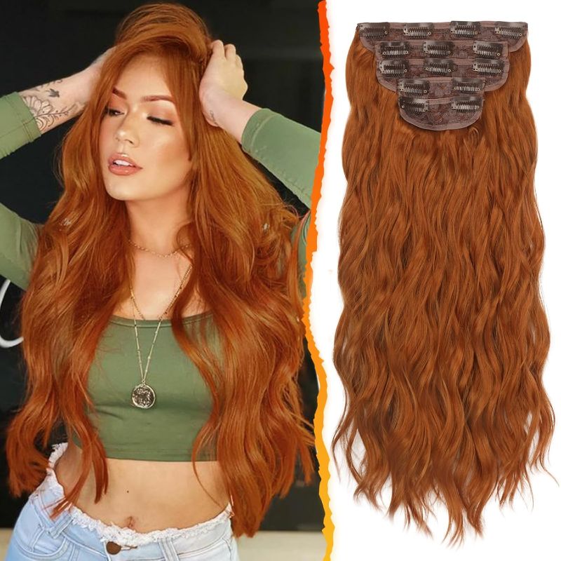 Photo 1 of  Ginger Copper Clip in Hair Extensions - 20 Inch 5PCs Full Head Wavy Clip in Hair Extensions for Women - Voluminous Thick Soft Synthetic Hairpieces