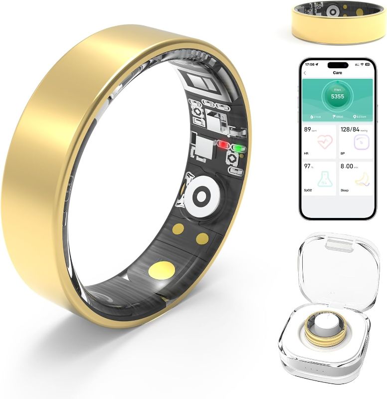 Photo 1 of Smart Rings for Women Men,Fitness Tracker Ring,Heart Rate,Blood Oxygen,Blood Pressure,Step Tracker,Sleep Monitoring,No Subscription Fee,IP68 Waterproof Smart Ring for iphone&Android,Size Kit(Gold 8)