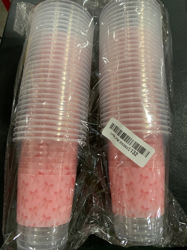 Photo 1 of TEASIK 60 Pieces 16oz Pink Bow Birthday Party Supplies?Disposable Plastic Cups for Girls Birthday Party Decorations, Baby Shower Supplies, Coquette Theme Party Tableware (Bow Cups)