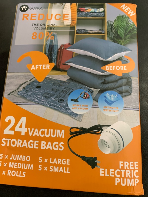 Photo 1 of 24 Pack Vacuum Storage Bags with Electric Pump, (5 Jumbo, 5 Large, 5 Medium, 5 Small, 4 Roll Up Bags) Space Saver Bag for Clothes, Mattress, Blanket, Duvets, Pillows, Comforters,Travel