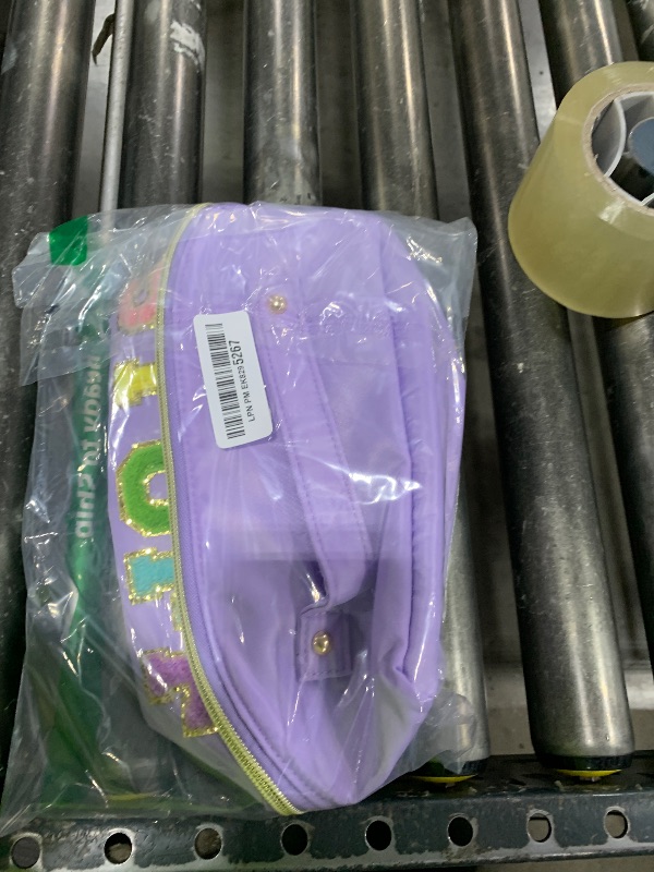 Photo 1 of LONEDREAM Stoney Clover Preppy Makeup Bag, Large Capacity Travel Cosmetic Bag, Chenille Letter Open Flat Nylon Bag, Purple
