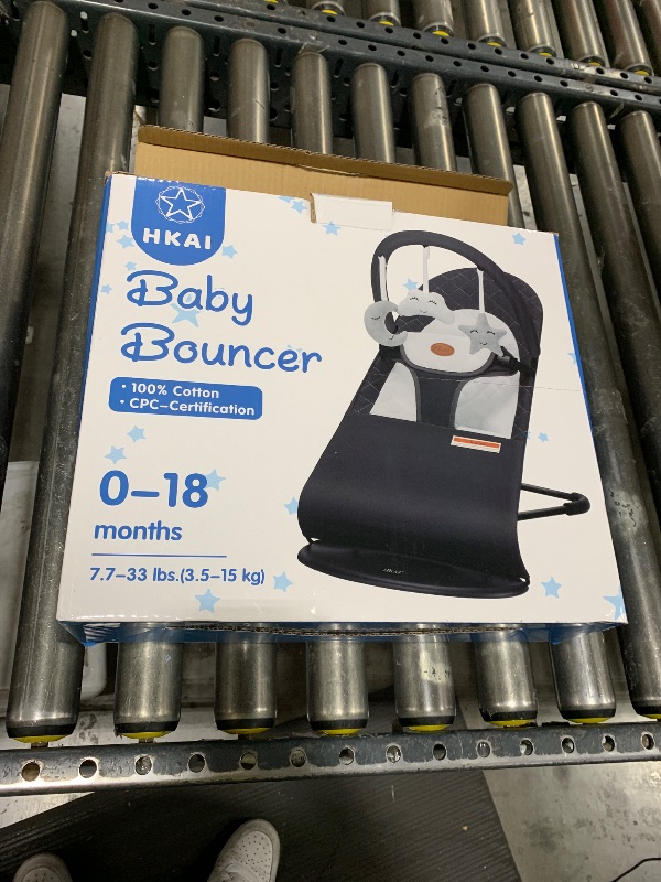 Photo 1 of Toy bar not included with bouncer----HKAI Baby Bouncer, Portable Baby Bouncer Seat for Babies 0-18 Months, 100% Cotton Fabrics, 3 Modes of use with Rocker and Stationary Options, Infant Rocker Chair with Hanging Toys-Dark Grey