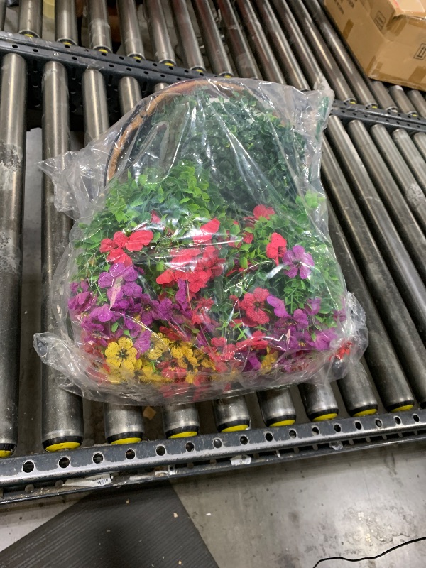 Photo 1 of HyeFlora Artificial Faux Hanging Plants Flowers Basket for Summer Outdoor Outside Decoration, Fake Silk UV Sun Resistant Look Real Colorful Daisy Eucalyptus for Porch Home Patio Balcony Yard