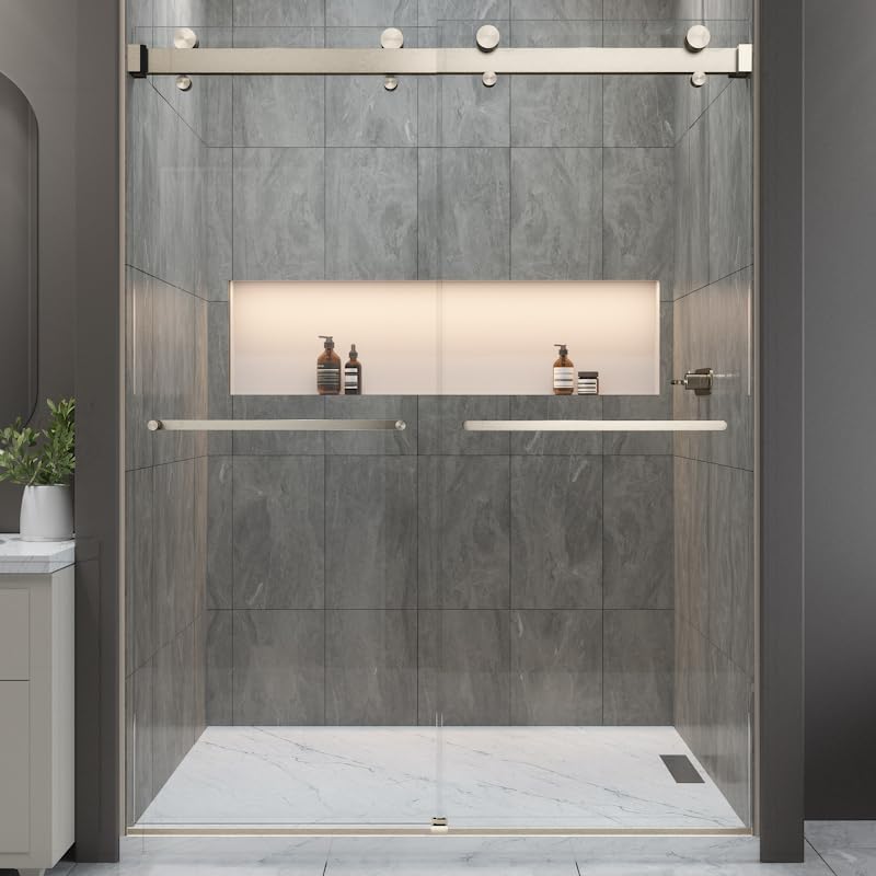 Photo 1 of VITRA-200 56.5-59" W x 78" H Twinglide Frameless Shower Door w/ 3/8" Clear Tempered Glass (Brushed Nickel)
